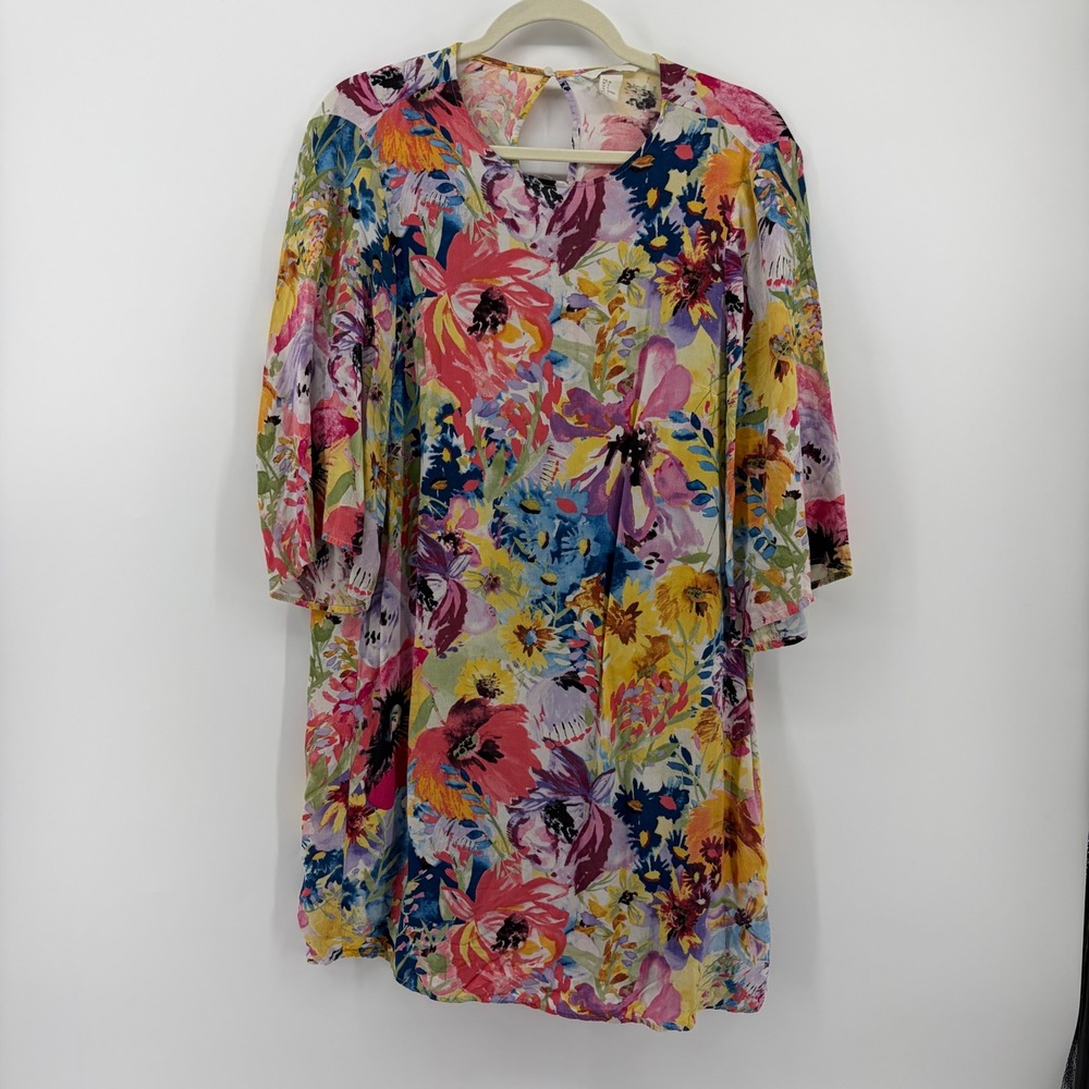 H&M‎ Womens 6 Multicolor Floral Shift Dress 3/4 Sleeve Keyhole Back Viscose